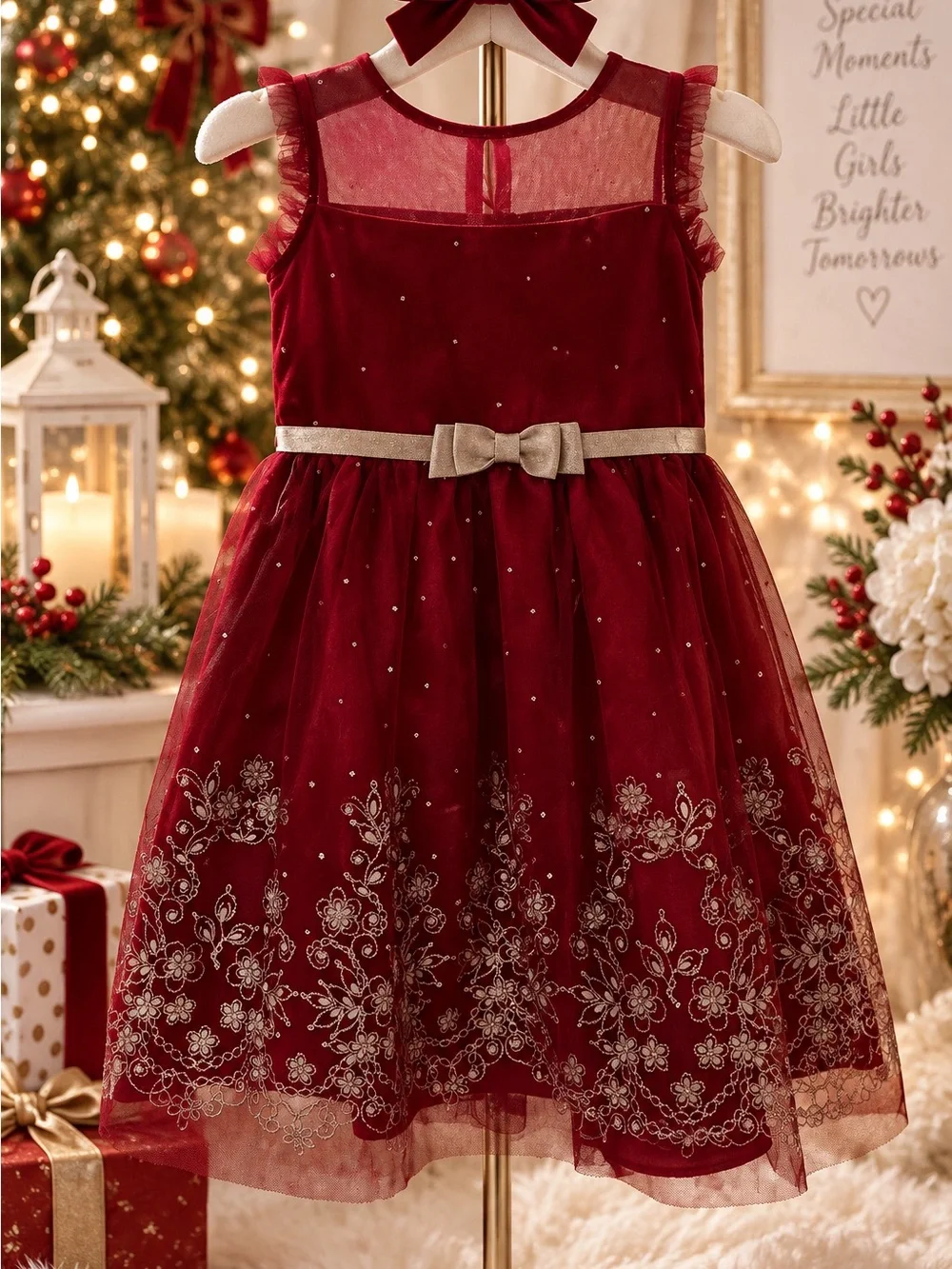 Jona Michelle Girls 7 Burgundy Red Gold Christmas Holiday Party Dress